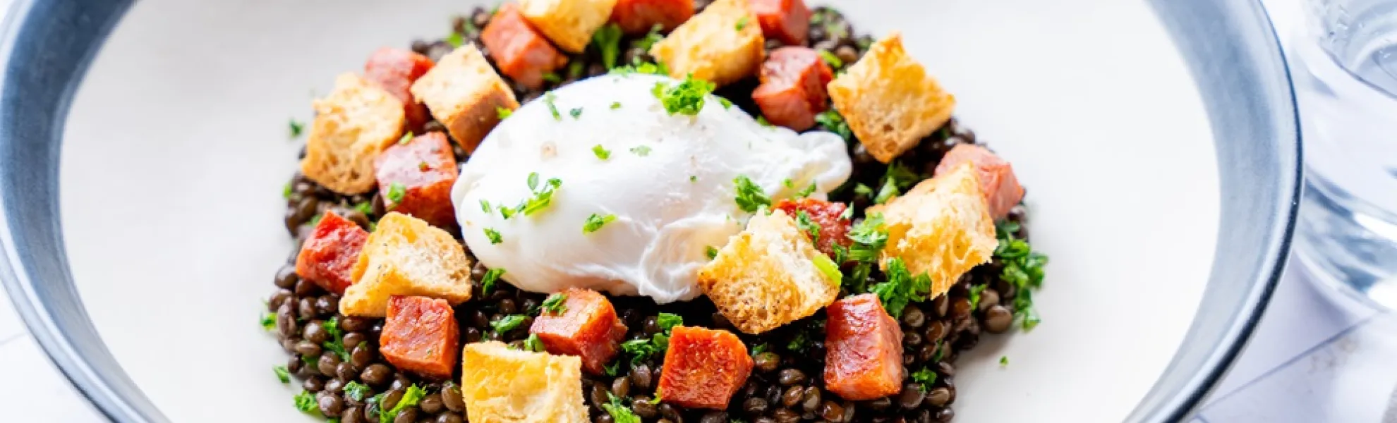 Lentil Salad, Poached Egg, Chorizo, and Croutons