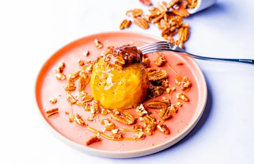 Baked Apple with Pecan Cream and Maple Caramel