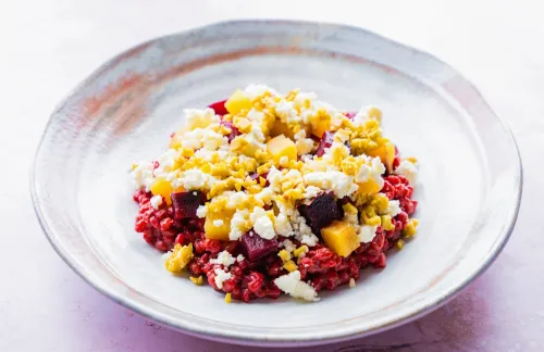 Creamy Orgetto, Confited Colorful Beets, Feta, Green Olives