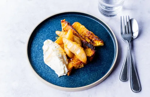 Golden Brioche, Caramelized Pears, and Honey Whipped Cream
