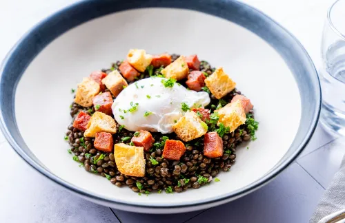 Lentil Salad, Poached Egg, Chorizo, and Croutons