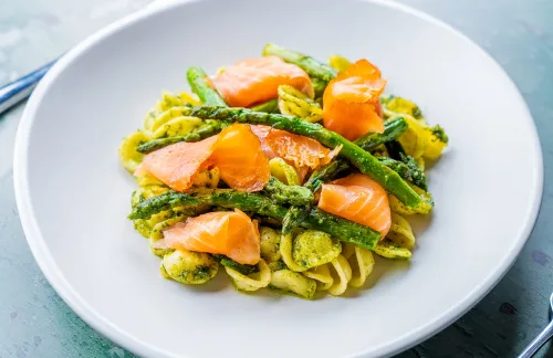 Homemade Orecchiette, Green Asparagus, Tarragon Pesto, Artisan Smoked Trout