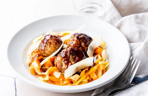 Pork Meatballs, Root Vegetable Tagliatelle, Pecorino Shavings, and Meat Jus