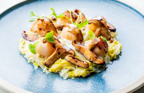 Seared Scallops, Leek Fondue, Shiitake Mushrooms, and Bacon Cream